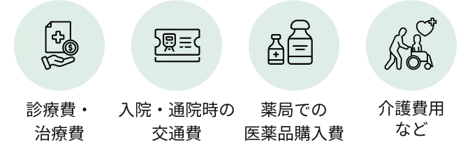 診療費・治療費、入院・通院時の交通費、薬局での医薬品購入費、介護費用など